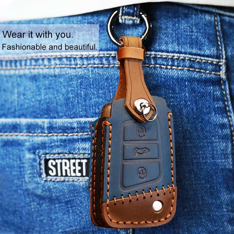 For Volkswagen Car Cowhide Leather Key Protective Cover Key Case, D Version(Blue)