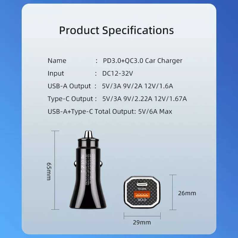 PD + QC3.0 Car 2 in 1 Square Fast Charger Car Cigarette Lighter (White)