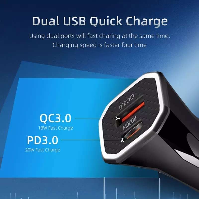 PD + QC3.0 Car 2 in 1 Square Fast Charger Car Cigarette Lighter (White)