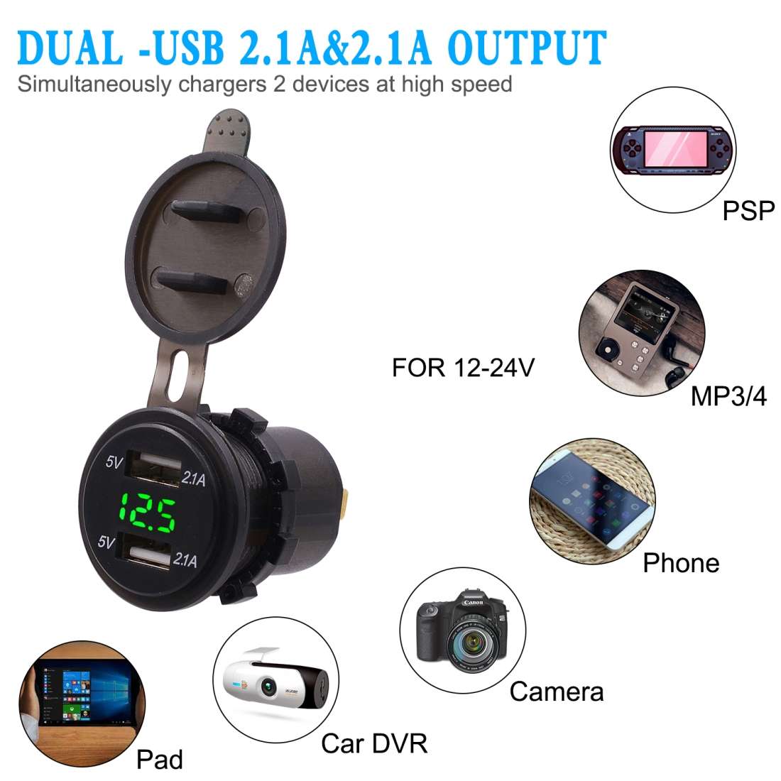 Universal Car Dual Port USB Charger Power Outlet Adapter 4.2A 5V IP66 with LED Digital Voltmeter + 6