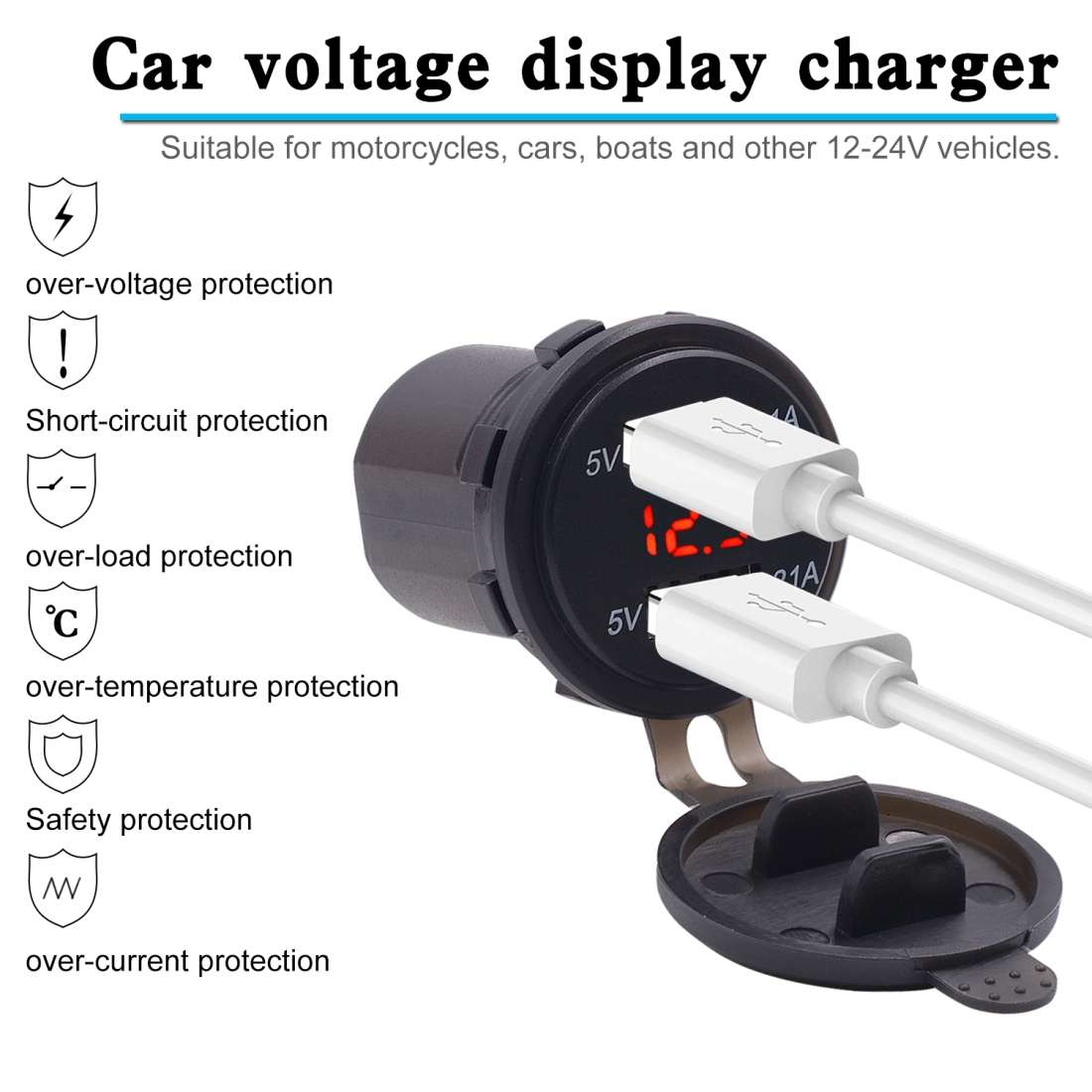 Universal Car Dual Port USB Charger Power Outlet Adapter 4.2A 5V IP66 with LED Digital Voltmeter + 6