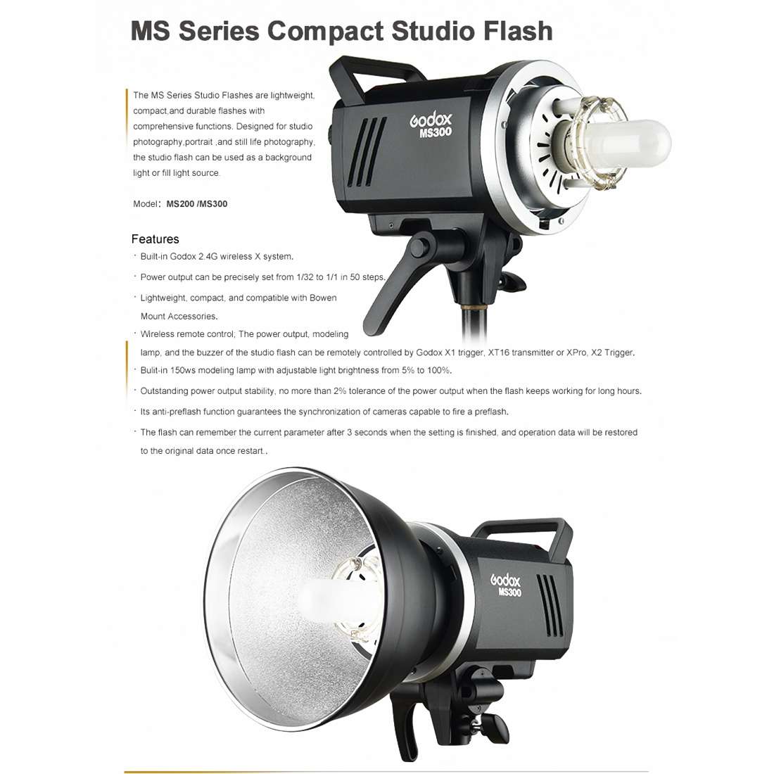 Godox MS300 Studio Flash Light 300Ws Bowens Mount Studio Speedlight with Cover(AU Plug)