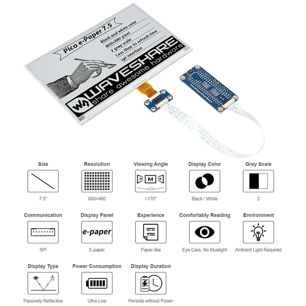 Waveshare 7.5 inch 800x480 pixel Black White E-Paper E-Ink Display Module for Raspberry Pi Pico, S