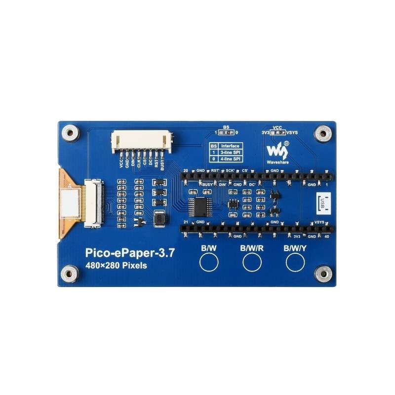 Waveshare 3.7 inch 480x280 Pixel E-Paper E-Ink Display Module for Raspberry Pi Pico, 4 Grayscale,
