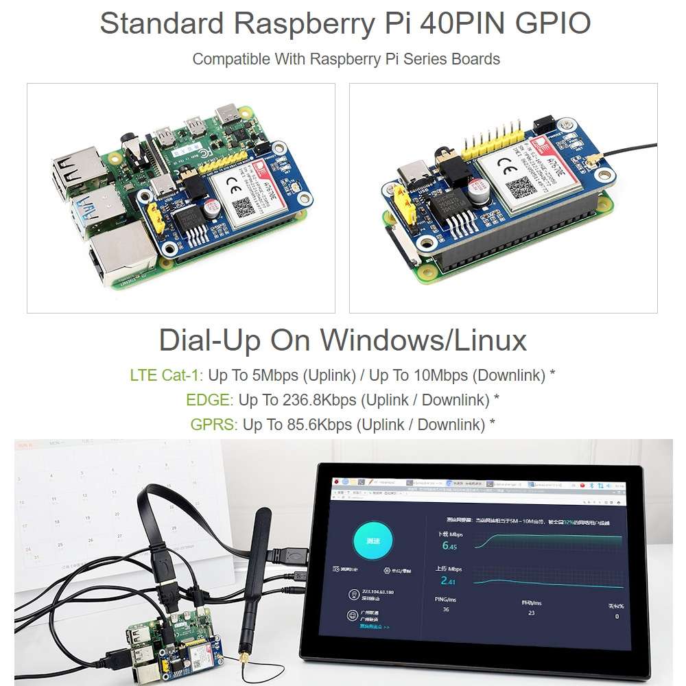 Waveshare Multi Band 2G GSM / GPRS LBS A7670E LTE Cat-1 HAT for Raspberry Pi, for Europe, Southeast