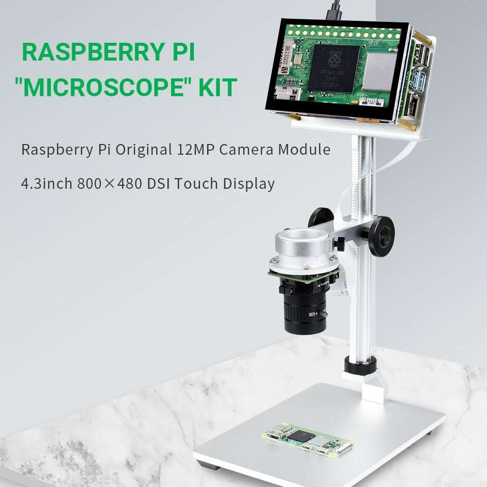 Waveshare 4.3 inch Screen Raspberry Pi Microscope Kit 12MP Camera Module with Bracket, US Plug