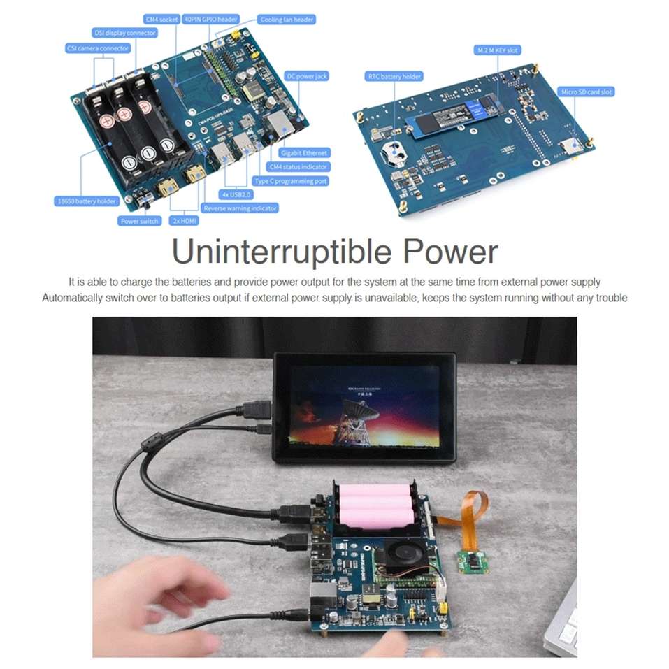 Waveshare PoE UPS Base Board for Raspberry Pi CM4, Gigabit Ethernet, Dual HDMI, Quad USB2.0