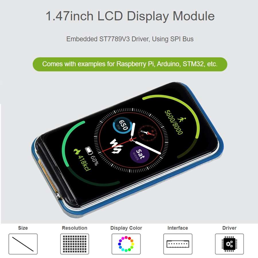 WAVESHARE 1.47 inch LCD Display Module, Rounded Corners, 172 x 320 Resolution, SPI Interface