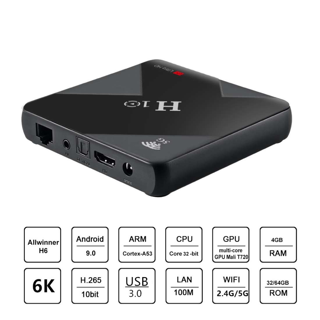 H10 6K HD Smart TV BOX,Android 9.0,Allwinner H6 Quad Core 64-bit ARM Cortex-A53,4GB+32 ... (Black)