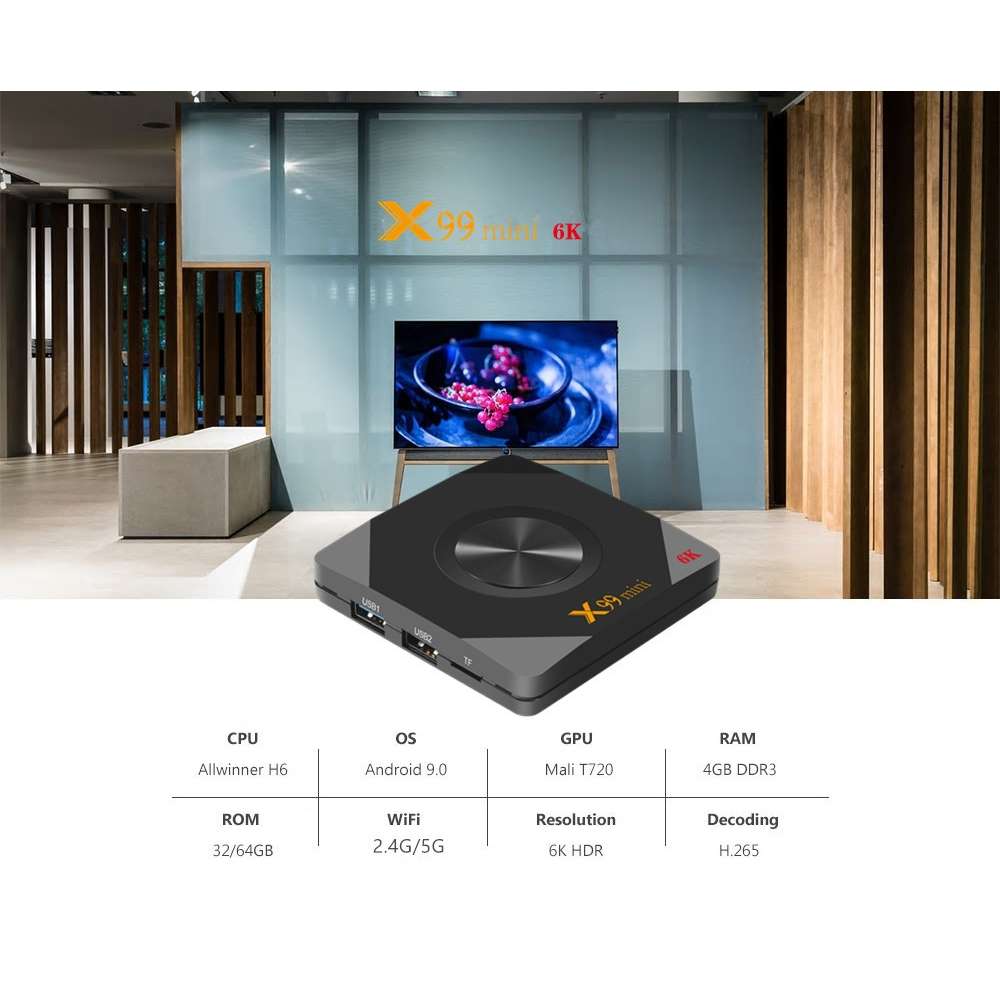 X99 Mini 6K HD Smart TV BOX,Android 9.0,Allwinner H6 Quad Core 64-bit ARM Cortex-A53,4GB+32GB, Sup