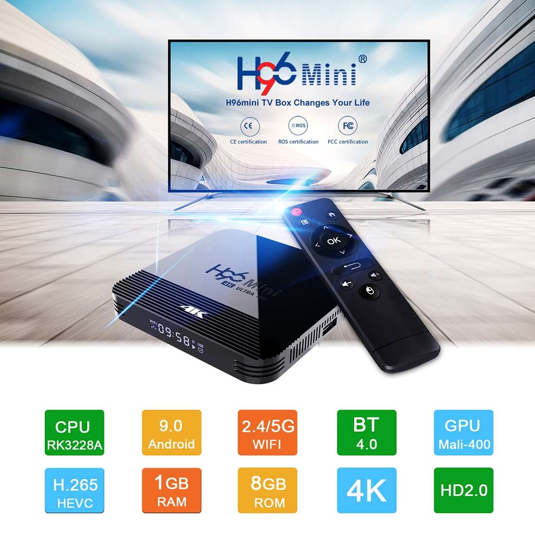 H96 MINI H8 4K UHD Smart TV Box with Remote Controller, Android 9.0 RK3228A Quad-core Cortex-A7, 1