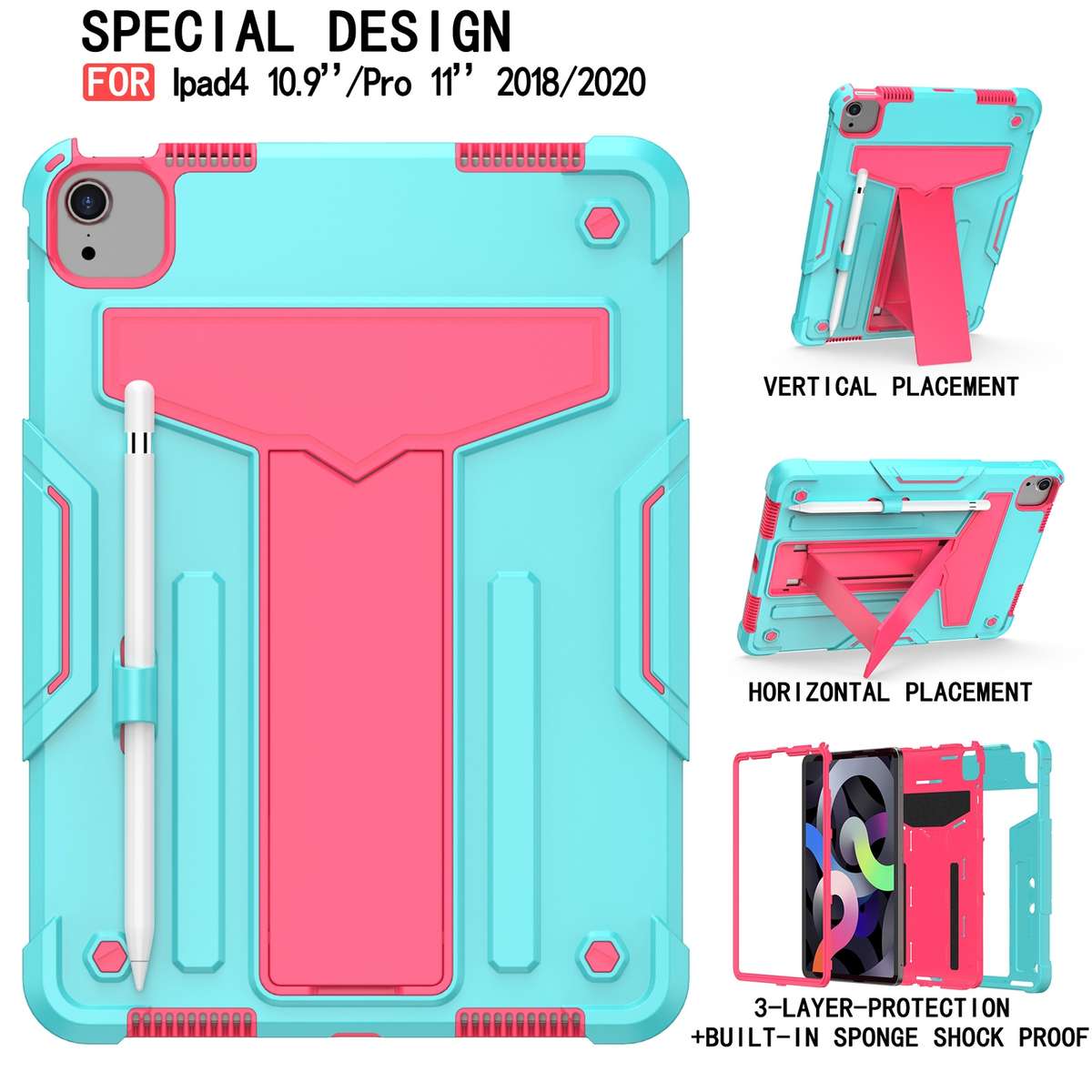 For iPad Air 2022 / 2020 10.9 / iPad Pro 11 T-shaped Bracket Contrast Co ... (Mint Green+Rose Red)