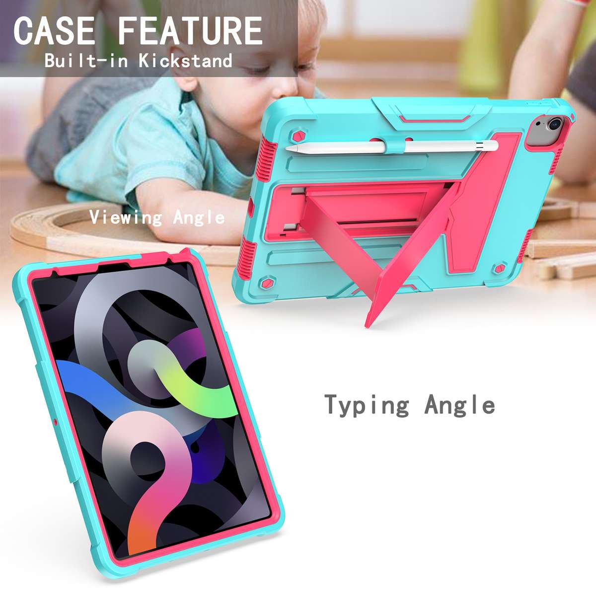 For iPad Air 2022 / 2020 10.9 / iPad Pro 11 T-shaped Bracket Contrast Co ... (Mint Green+Rose Red)