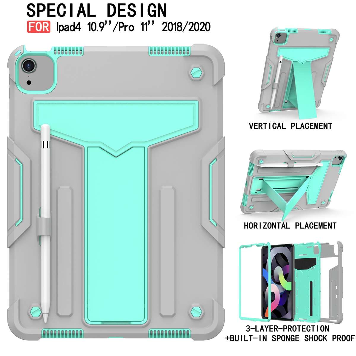For iPad Air 2022 / 2020 10.9 / iPad Pro 11 T-shaped Bracket Contrast Color ... (Grey+Mint Green)
