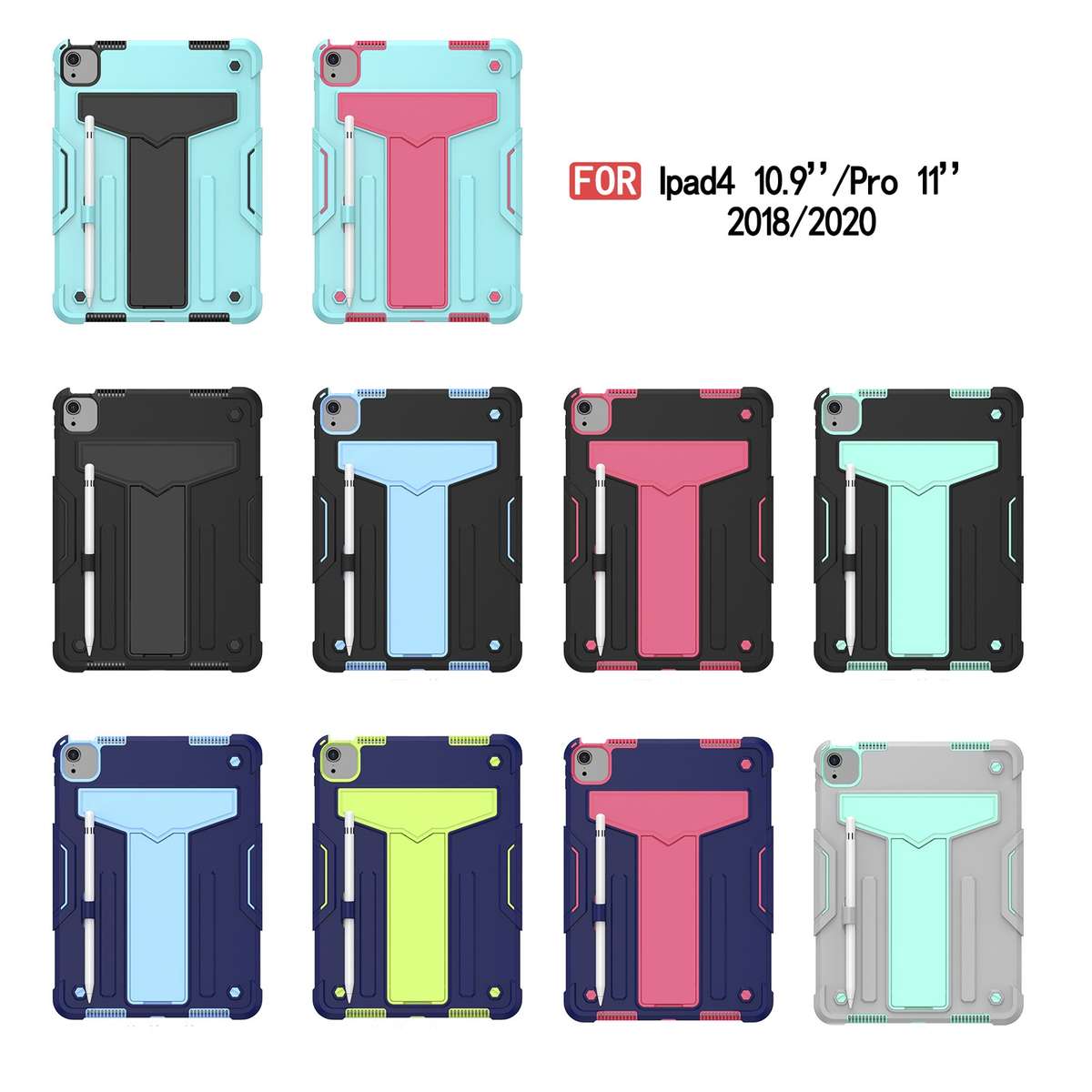 For iPad Air 2022 / 2020 10.9 / iPad Pro 11 T-shaped Bracket Contrast Co ... (Mint Green+Rose Red)