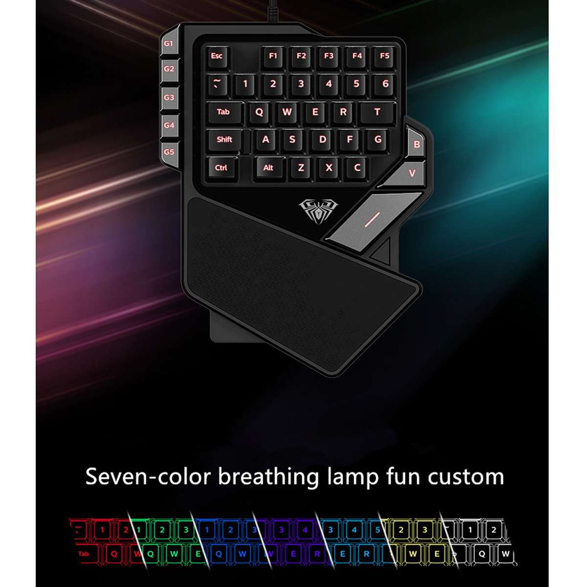 AULA K2 38 Keys 7 Colors Breathing Light One-hand Wired Gaming Keyboard(Black)