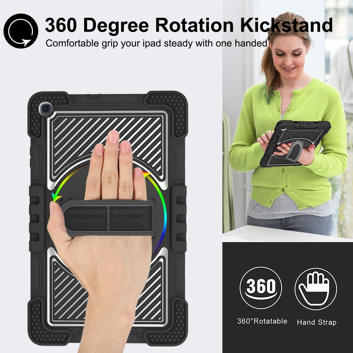 For Samsung Galaxy Tab A 10.1 2019 T515 360 Degree Rotation Contrast Color Shockproof ... (Black)