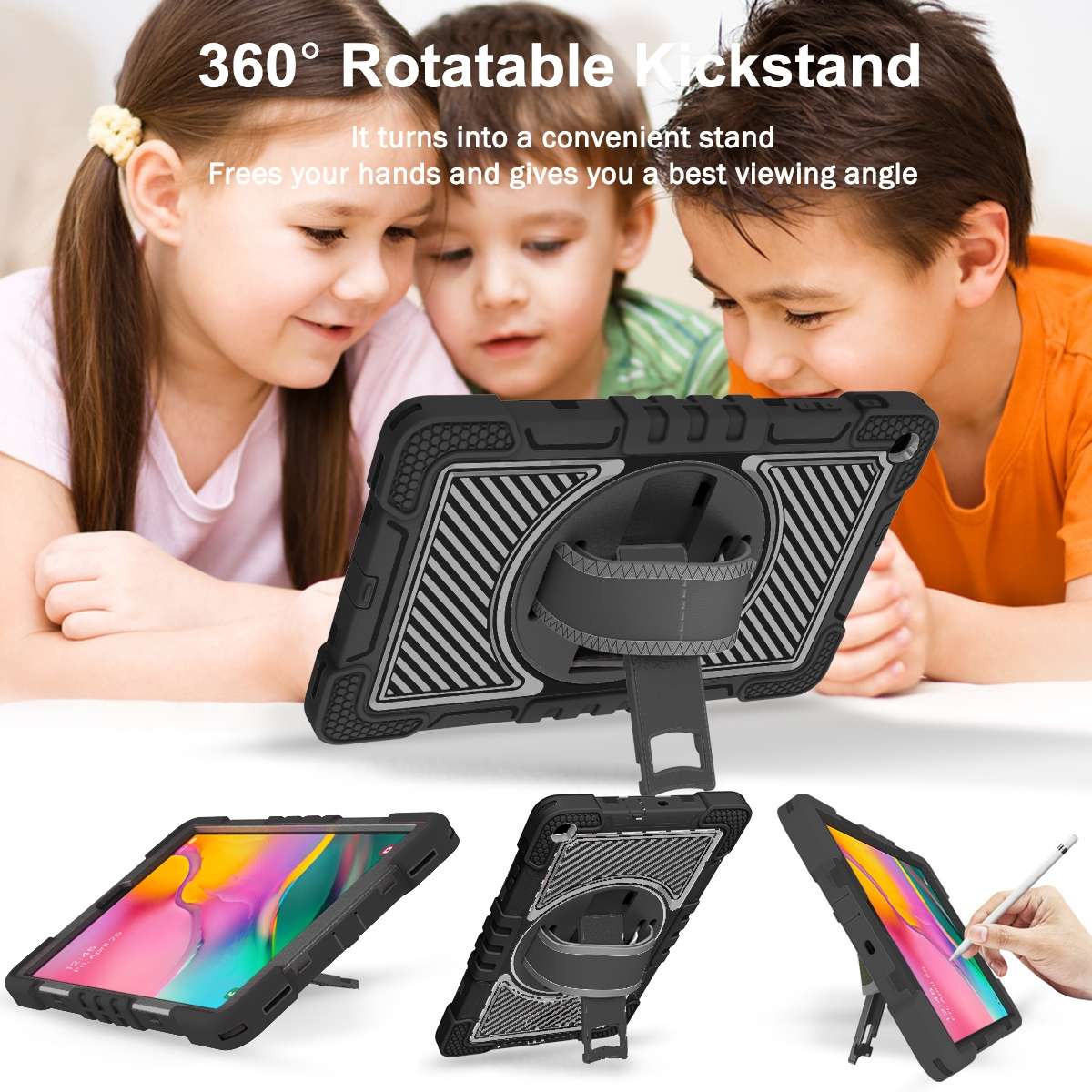 For Samsung Galaxy Tab A 10.1 2019 T515 360 Degree Rotation Contrast Color Shockproof ... (Black)