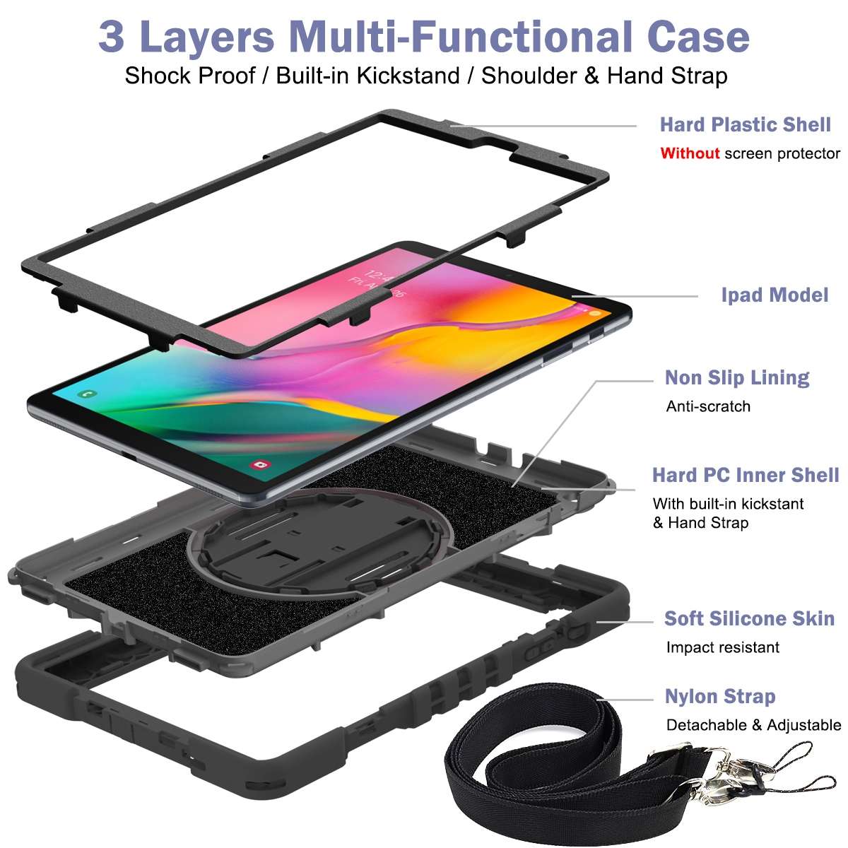 For Samsung Galaxy Tab A 10.1 2019 T515 360 Degree Rotation Contrast Color Shockproof ... (Black)