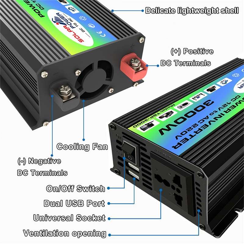 Tang I Generation 12V to 220V 3000W Modified Square Wave Intelligent Car Power Inverter with Dual US