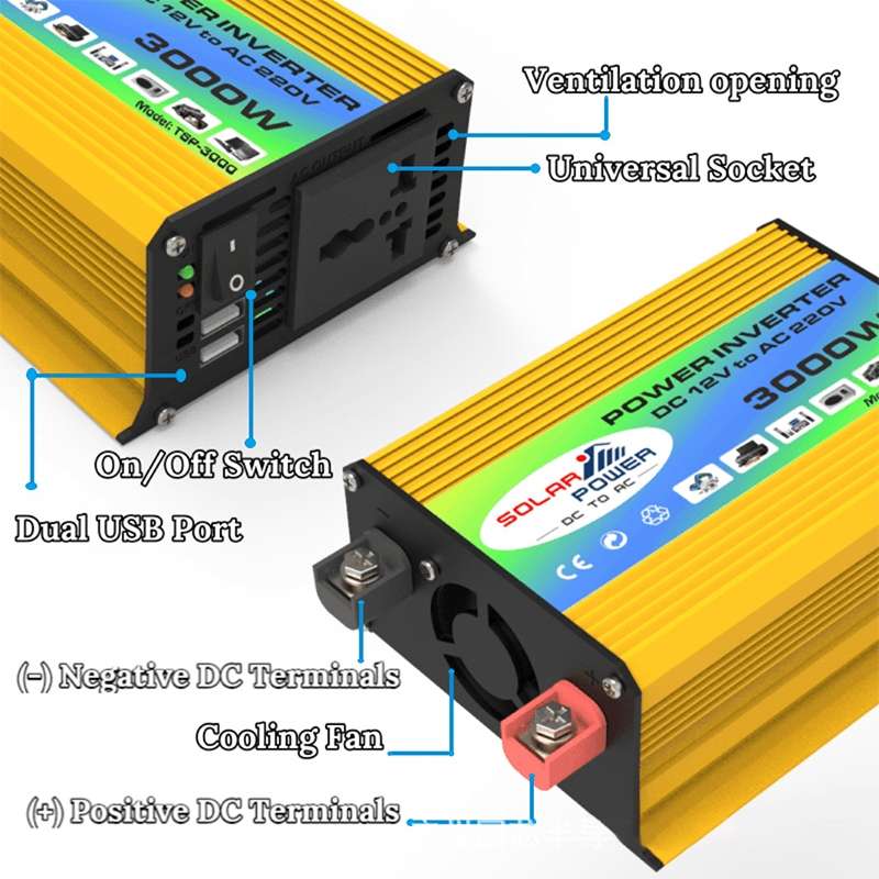 Tang I Generation 12V to 220V 3000W Modified Square Wave Intelligent Car Power Inverter with Dual US