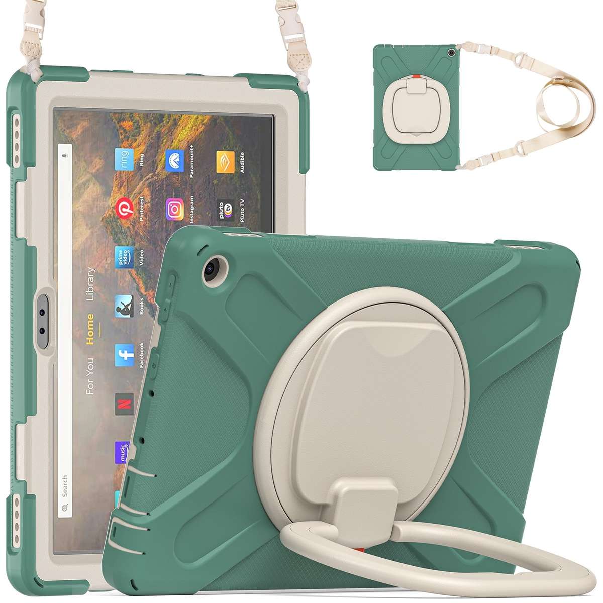 Silicone + PC Protective Case with Holder & Shoulder Strap For Amazon Kindle F ... (Emerald Green)