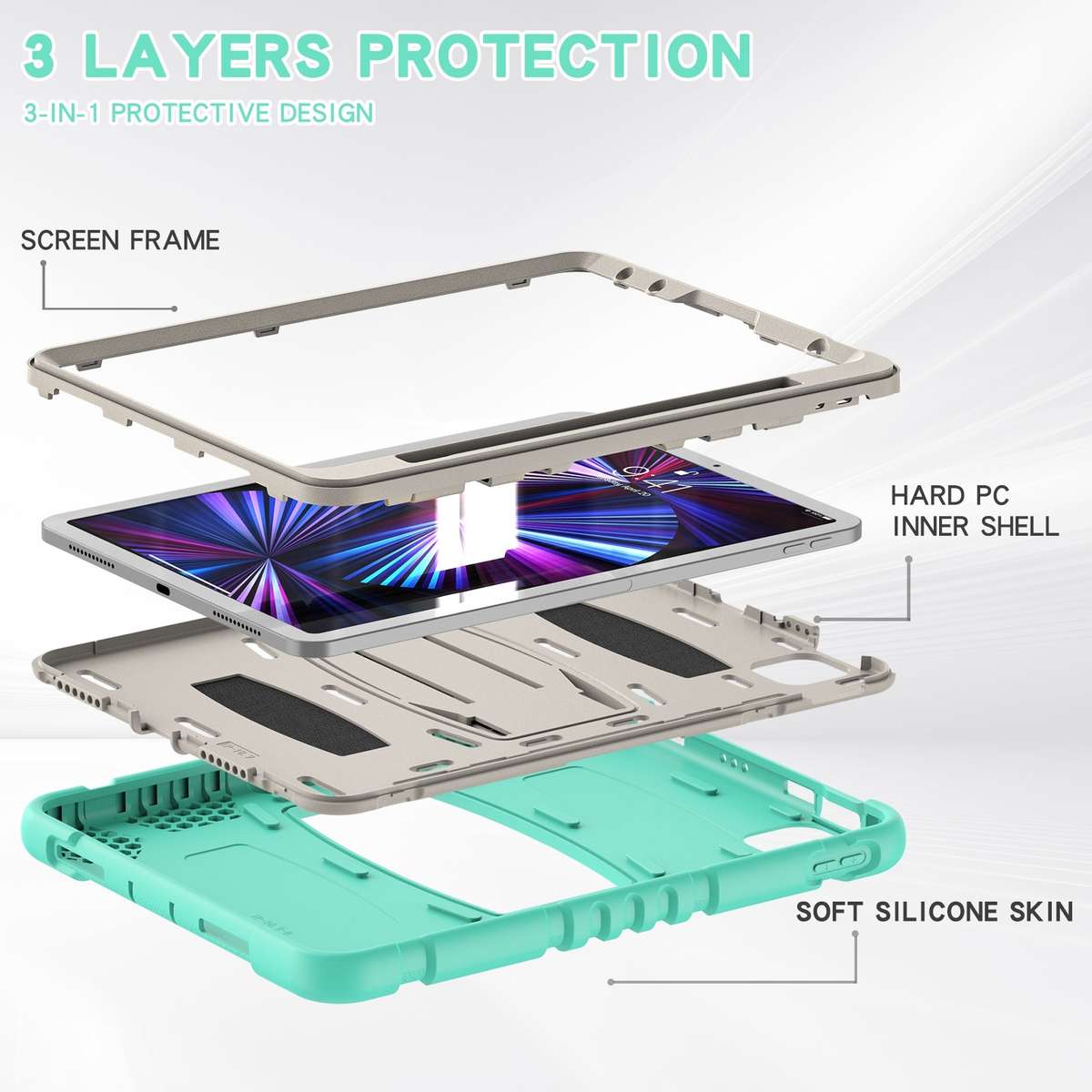 For iPad Pro 11 2022 / 2021 / 2020 / 2018 3-Layer Protection Screen Frame + PC + ... (Mint Green)