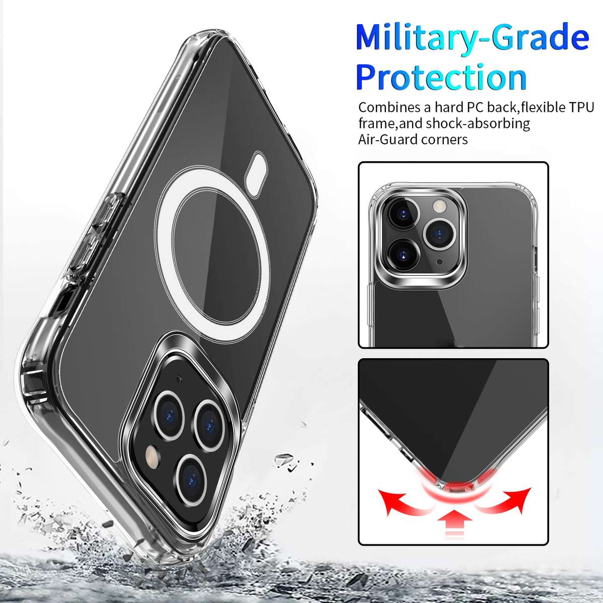 For iPhone 13 Pro Magsafe Case Magnetic Ring Clear Crystal Acrylic +TPU Four-cor ... (Transparent)