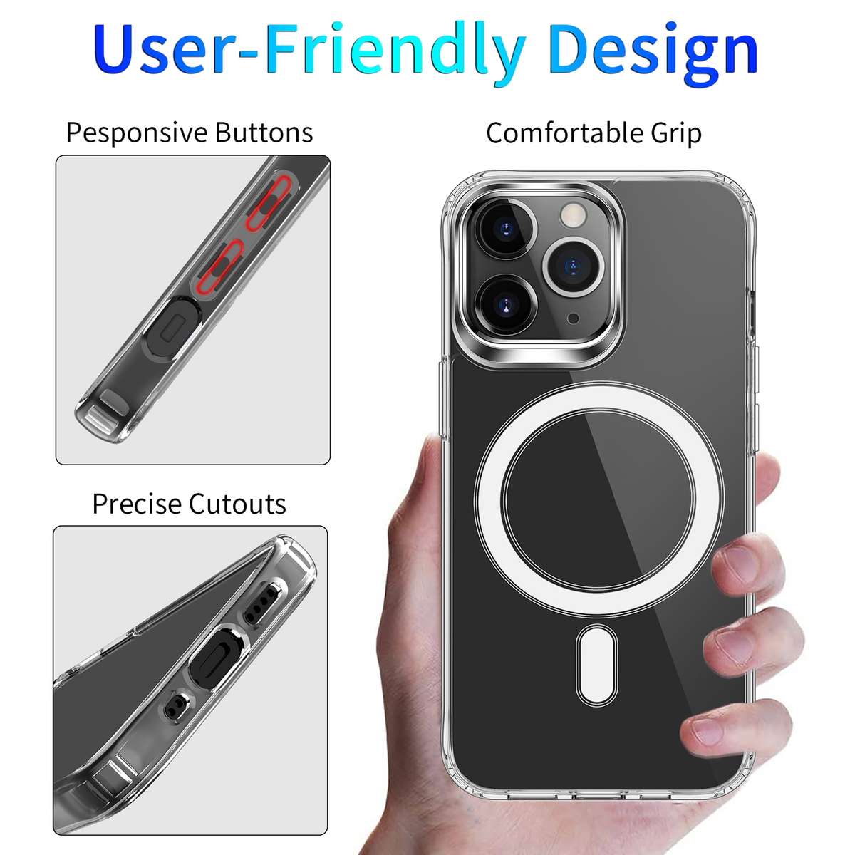 For iPhone 13 Pro Magsafe Case Magnetic Ring Clear Crystal Acrylic +TPU Four-cor ... (Transparent)