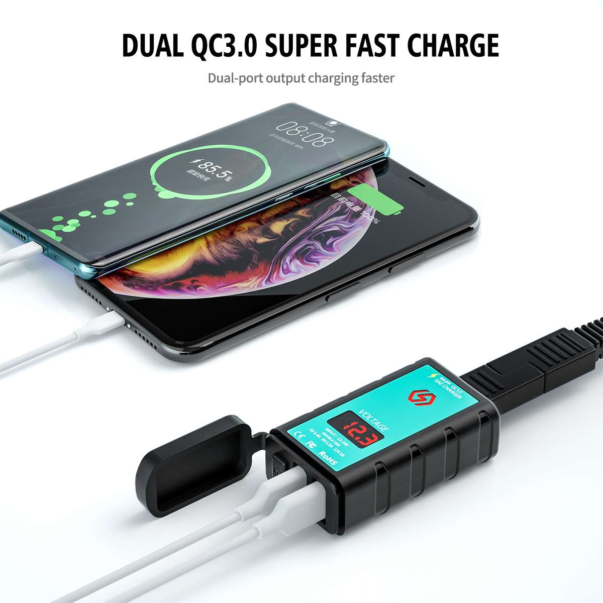 WUPP ZH-1422A1 DC12-24V Motorcycle Square Dual USB Fast Charging Charger with Switch + Voltmeter +