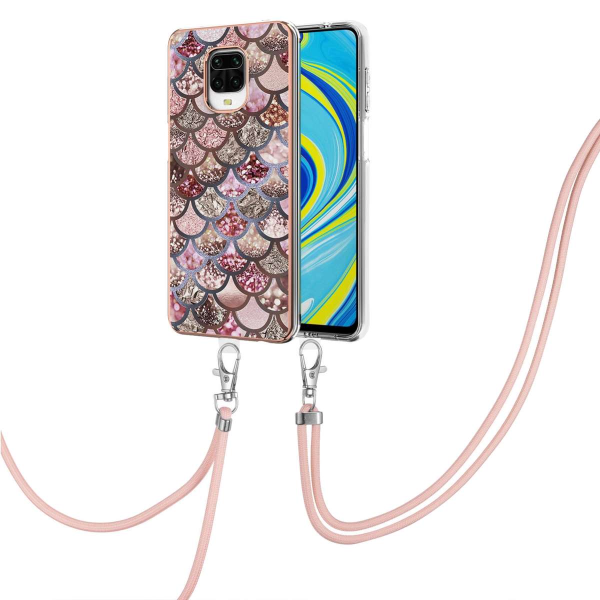 For Xiaomi Redmi Note 9S / Note 9 Pro Electroplating Pattern IMD TPU Shockproof Case with Neck Lanya