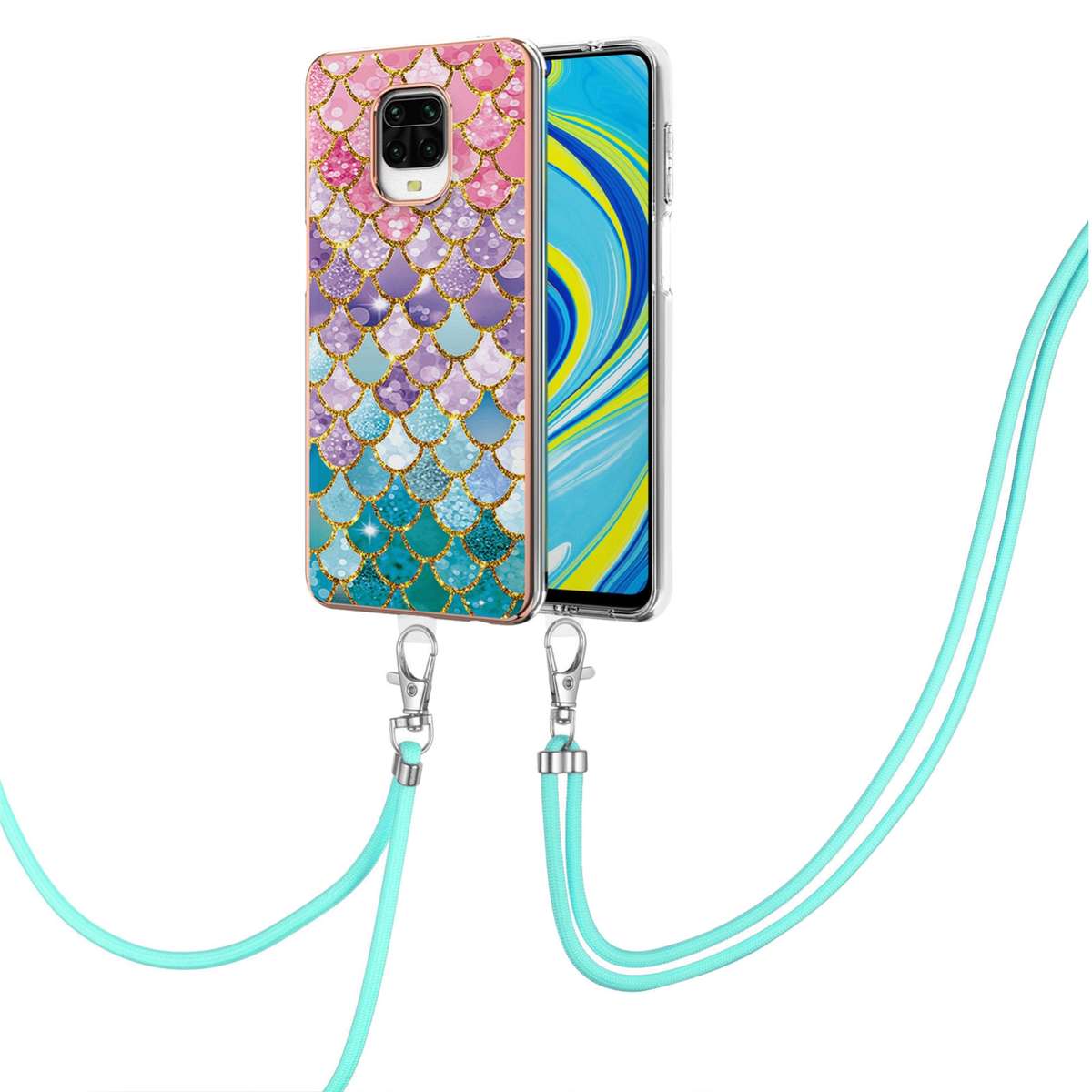 For Xiaomi Redmi Note 9S / Note 9 Pro Electroplating Pattern IMD TPU Shockproof Case with Neck Lanya