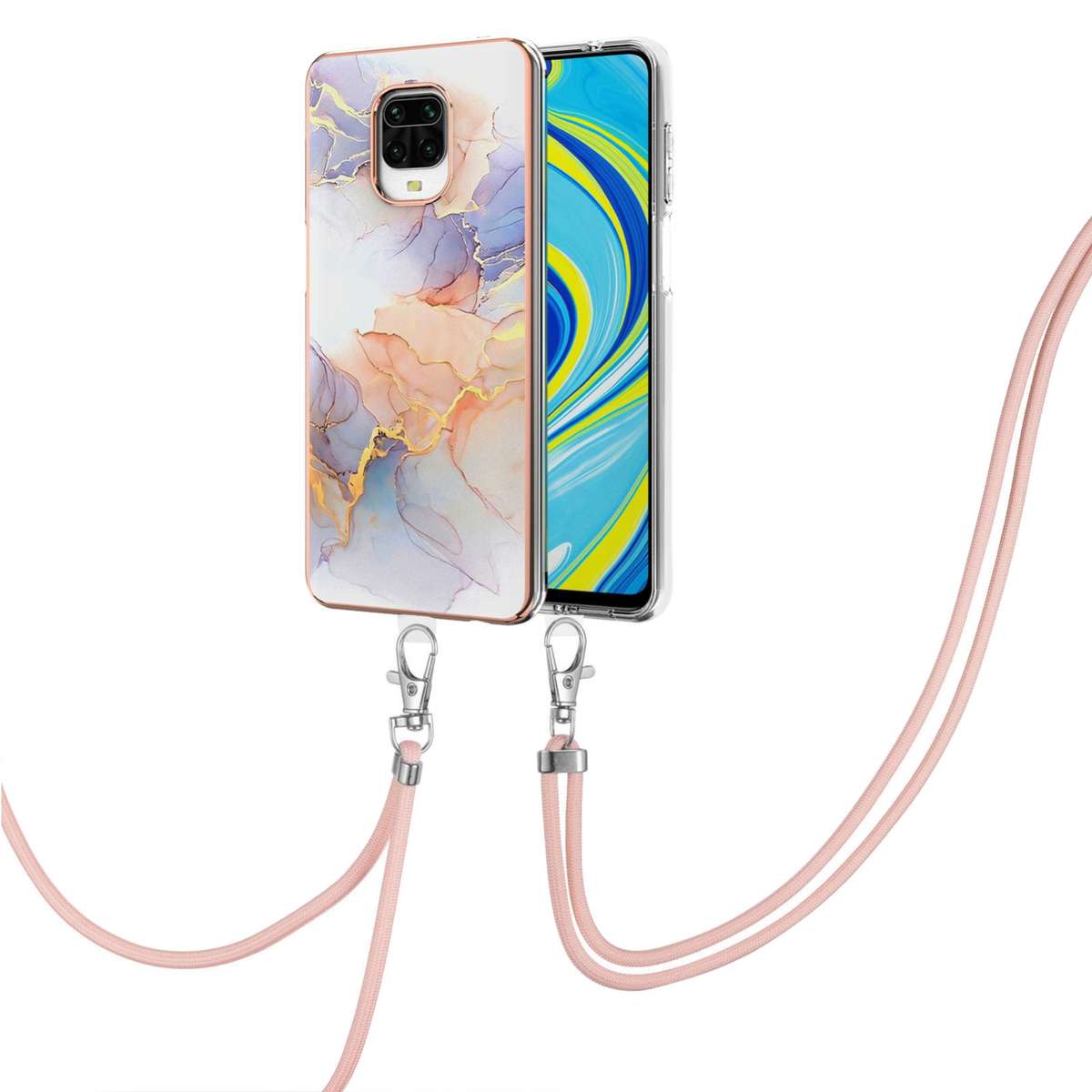 For Xiaomi Redmi Note 9S / Note 9 Pro Electroplating Pattern IMD TPU Shockproof Case with Neck Lanya