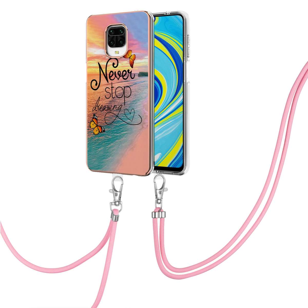 For Xiaomi Redmi Note 9S / Note 9 Pro Electroplating Pattern IMD TPU Shockproof Case with Neck Lanya