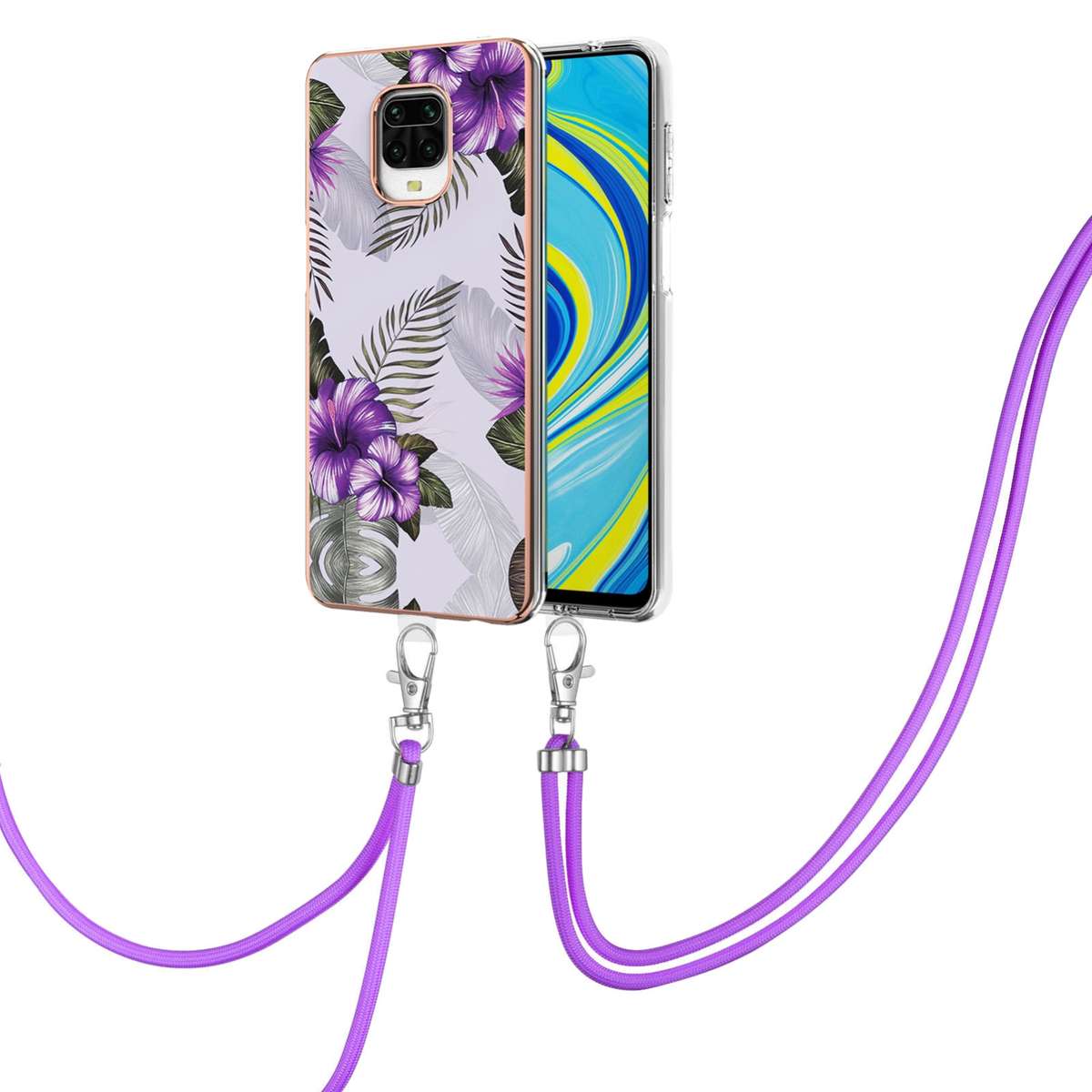 For Xiaomi Redmi Note 9S / Note 9 Pro Electroplating Pattern IMD TPU Shockproof Case with Neck Lanya