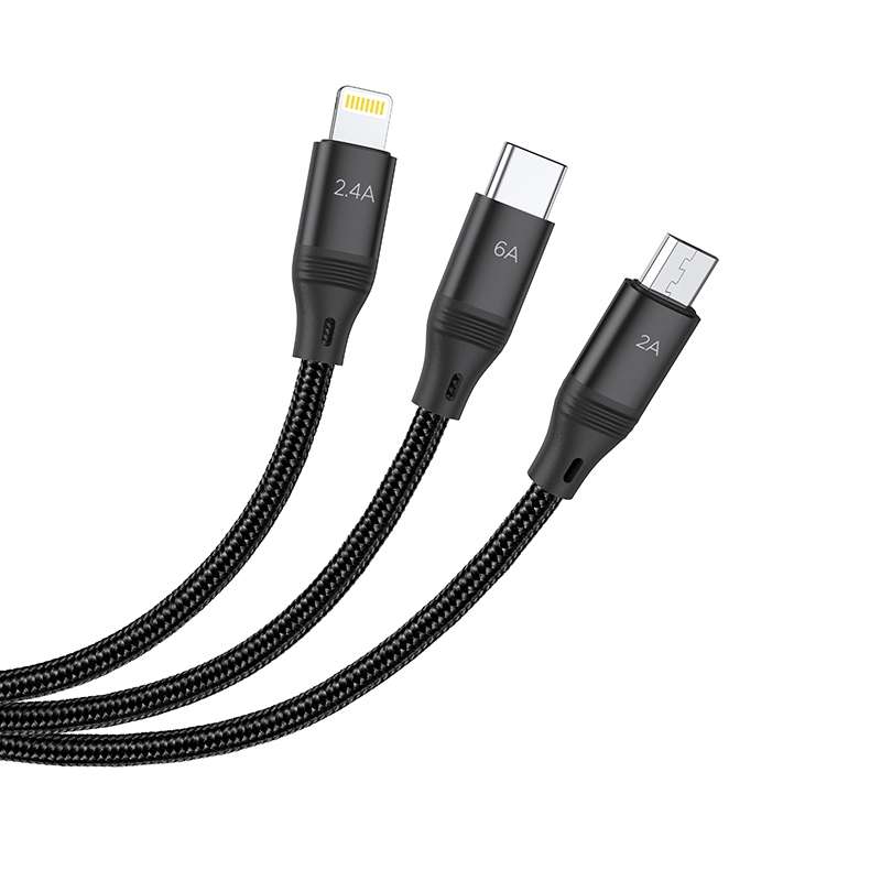 hoco U104 Ultra 3 in 1 6A Fast Charging Data Cable USB to 8 Pin + Micro USB + USB-C ... (Black)