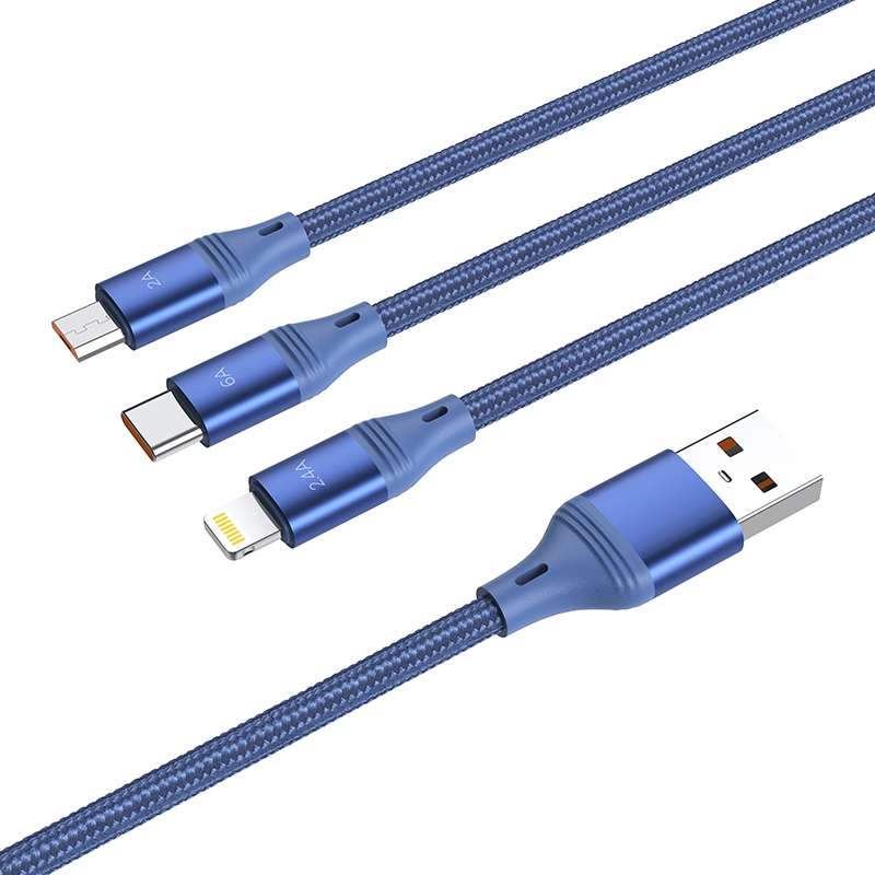 hoco U104 Ultra 3 in 1 6A Fast Charging Data Cable USB to 8 Pin + Micro USB + USB-C / T ... (Blue)