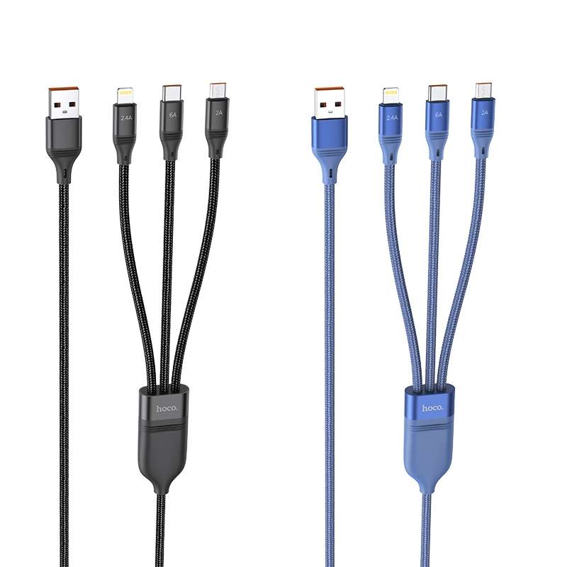 hoco U104 Ultra 3 in 1 6A Fast Charging Data Cable USB to 8 Pin + Micro USB + USB-C / T ... (Blue)