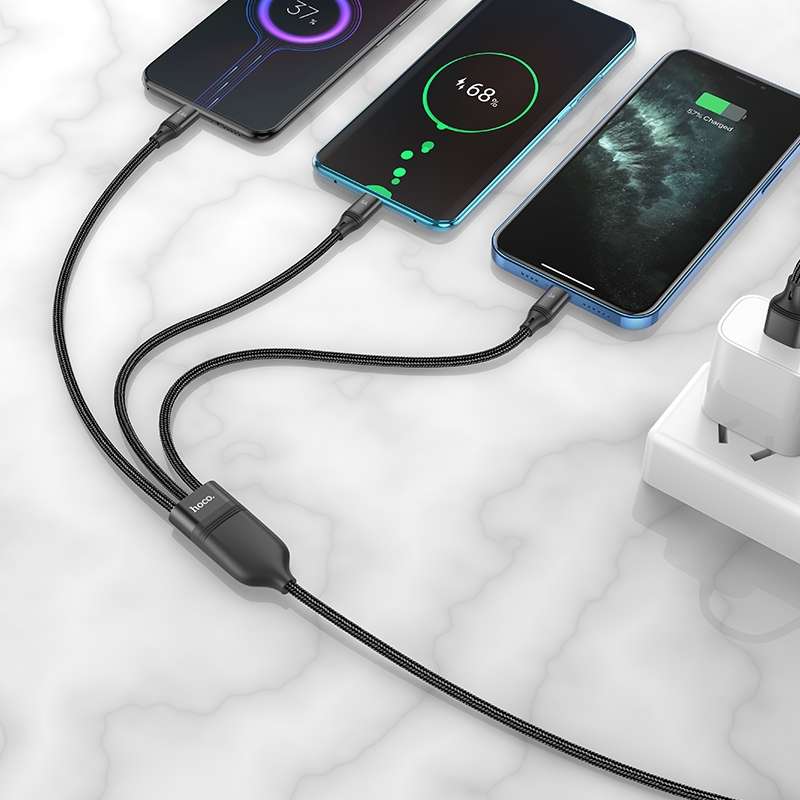 hoco U104 Ultra 3 in 1 6A Fast Charging Data Cable USB to 8 Pin + Micro USB + USB-C / T ... (Blue)
