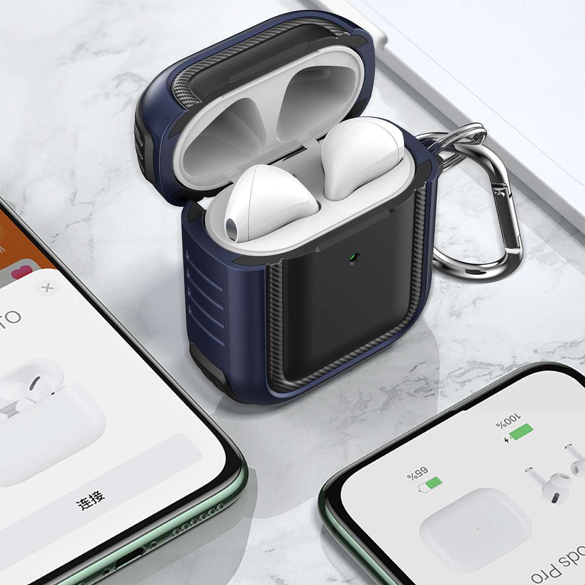 Wireless Earphones Shockproof TPU + PC Protective Case with Carabiner For AirPods 1 / 2(Black+Red)