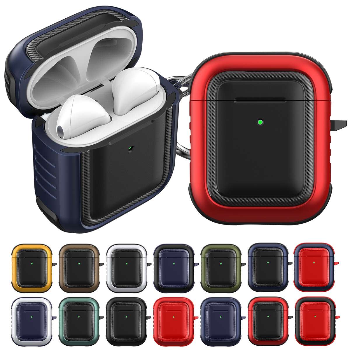 Wireless Earphones Shockproof TPU + PC Protective Case with Carabiner For AirPods 1 / 2(Black+Red)