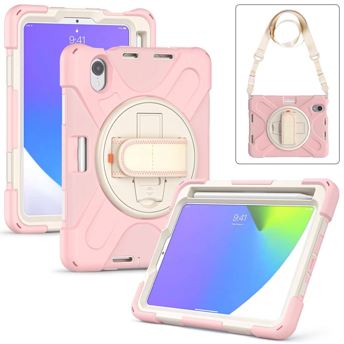 For iPad mini 6 / mini 2024 Silicone Hybrid PC Tablet Case with Grip Hol ... (Cherry Blossom Pink)
