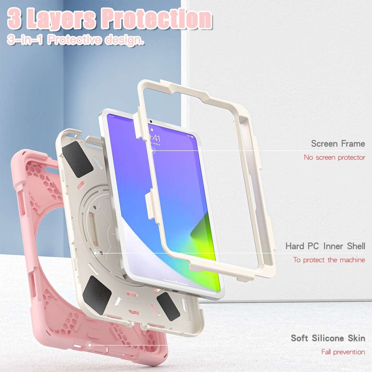 For iPad mini 6 / mini 2024 Silicone Hybrid PC Tablet Case with Grip Hol ... (Cherry Blossom Pink)