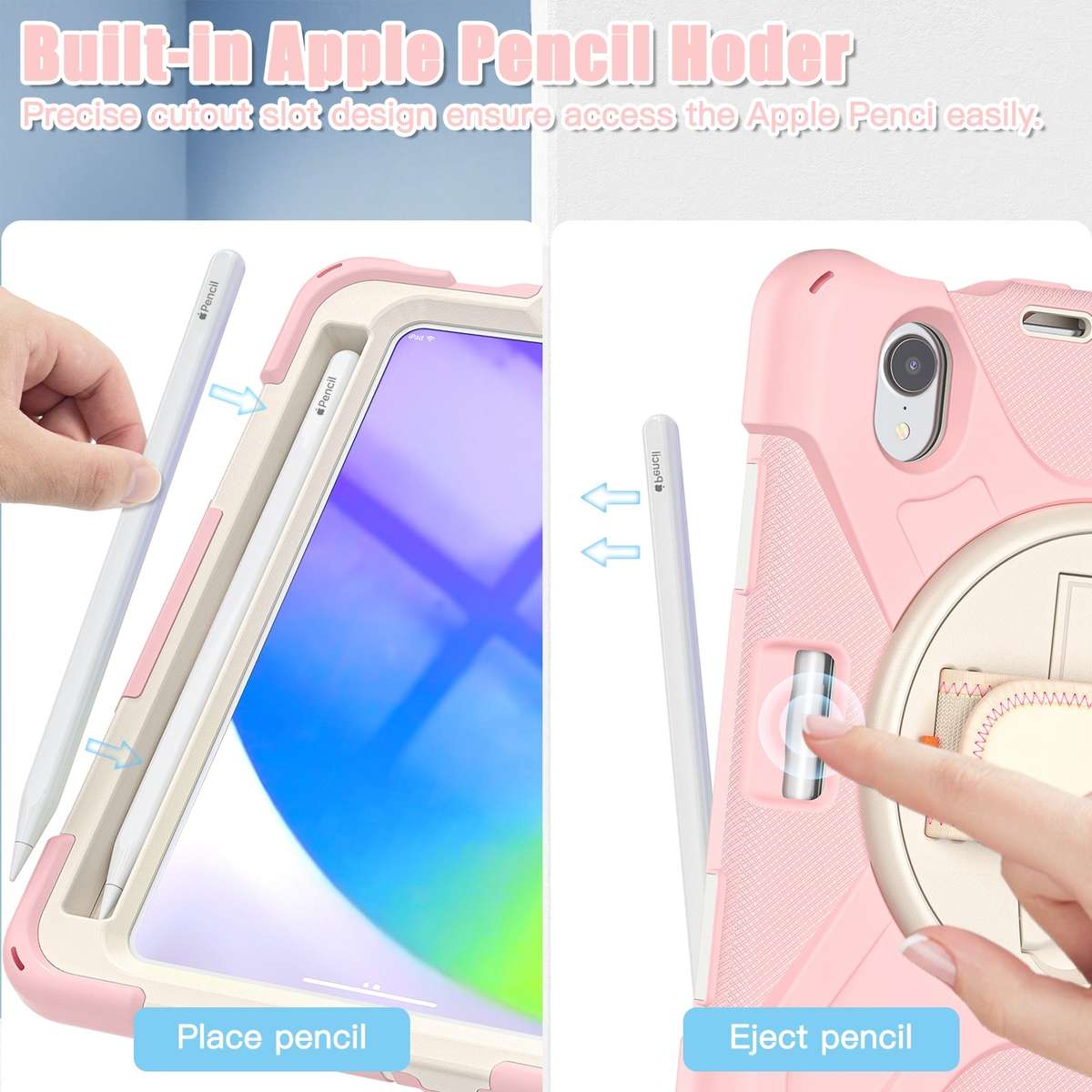 For iPad mini 6 / mini 2024 Silicone Hybrid PC Tablet Case with Grip Hol ... (Cherry Blossom Pink)