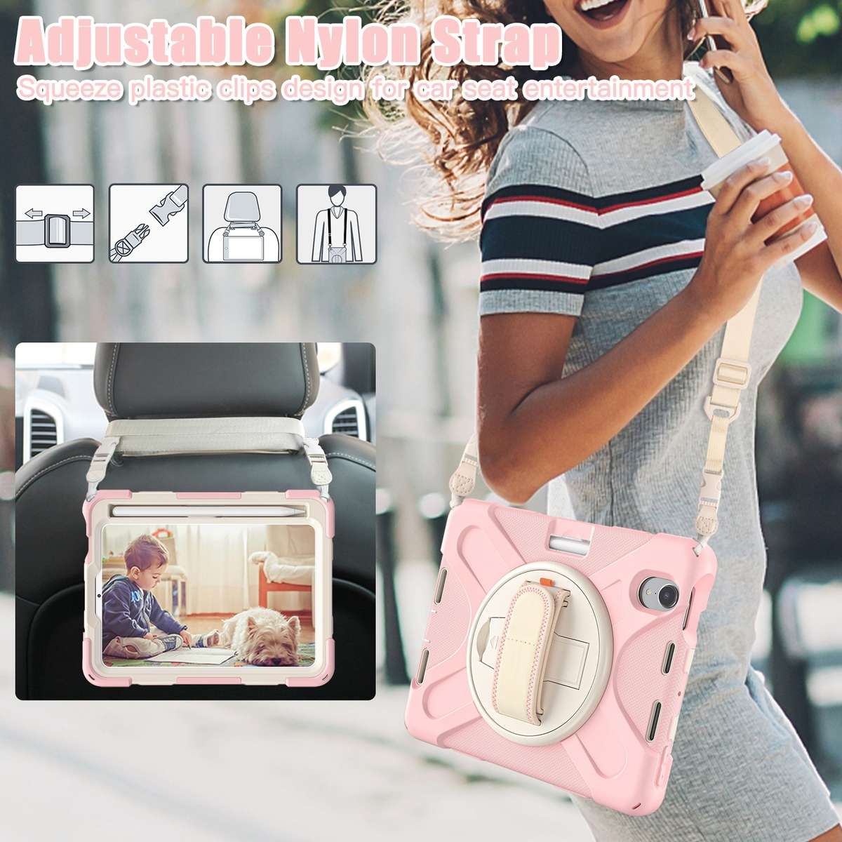 For iPad mini 6 / mini 2024 Silicone Hybrid PC Tablet Case with Grip Hol ... (Cherry Blossom Pink)
