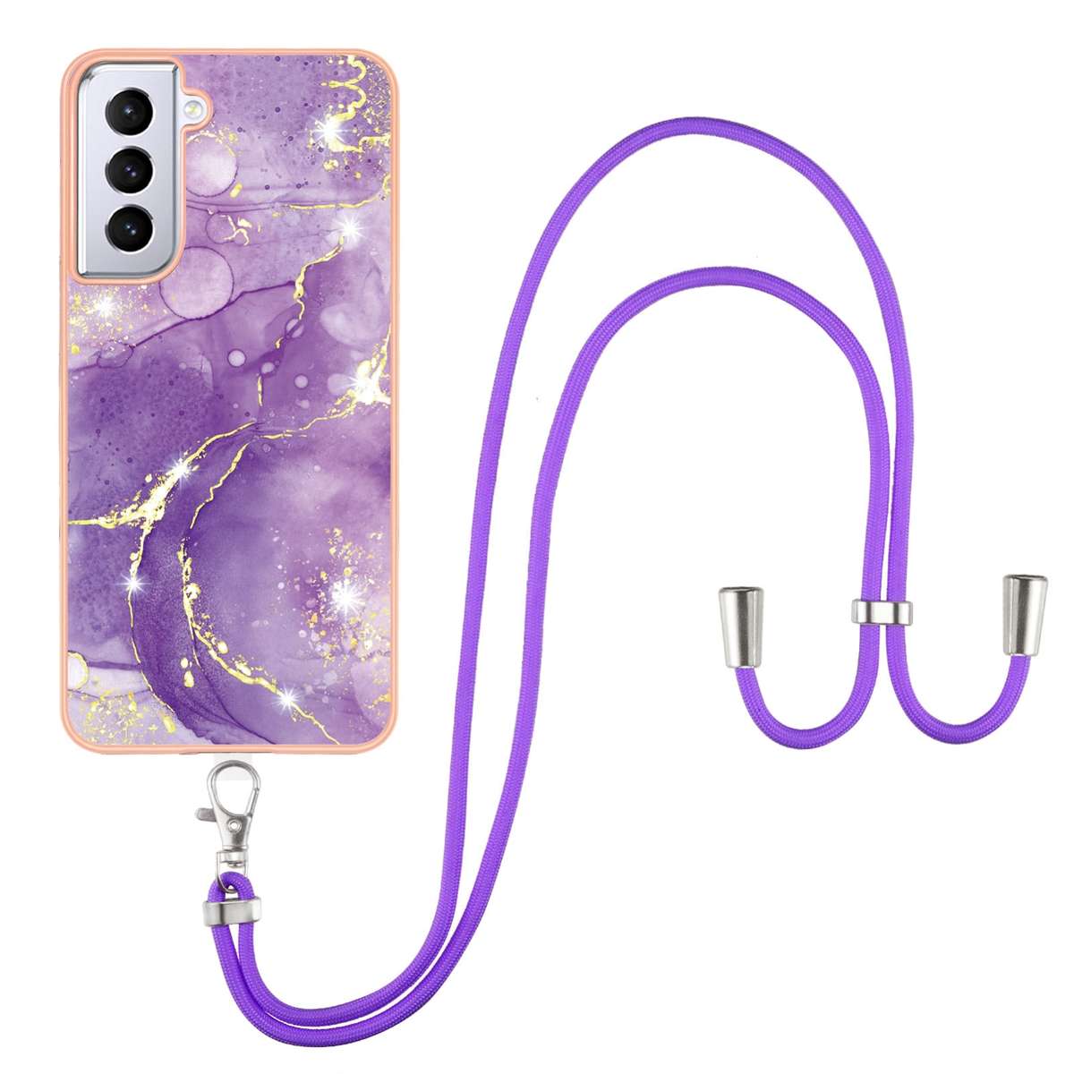 For Samsung Galaxy S21 5G Electroplating Marble Pattern IMD TPU Shockproof Case with Neck Lanyard(Ro
