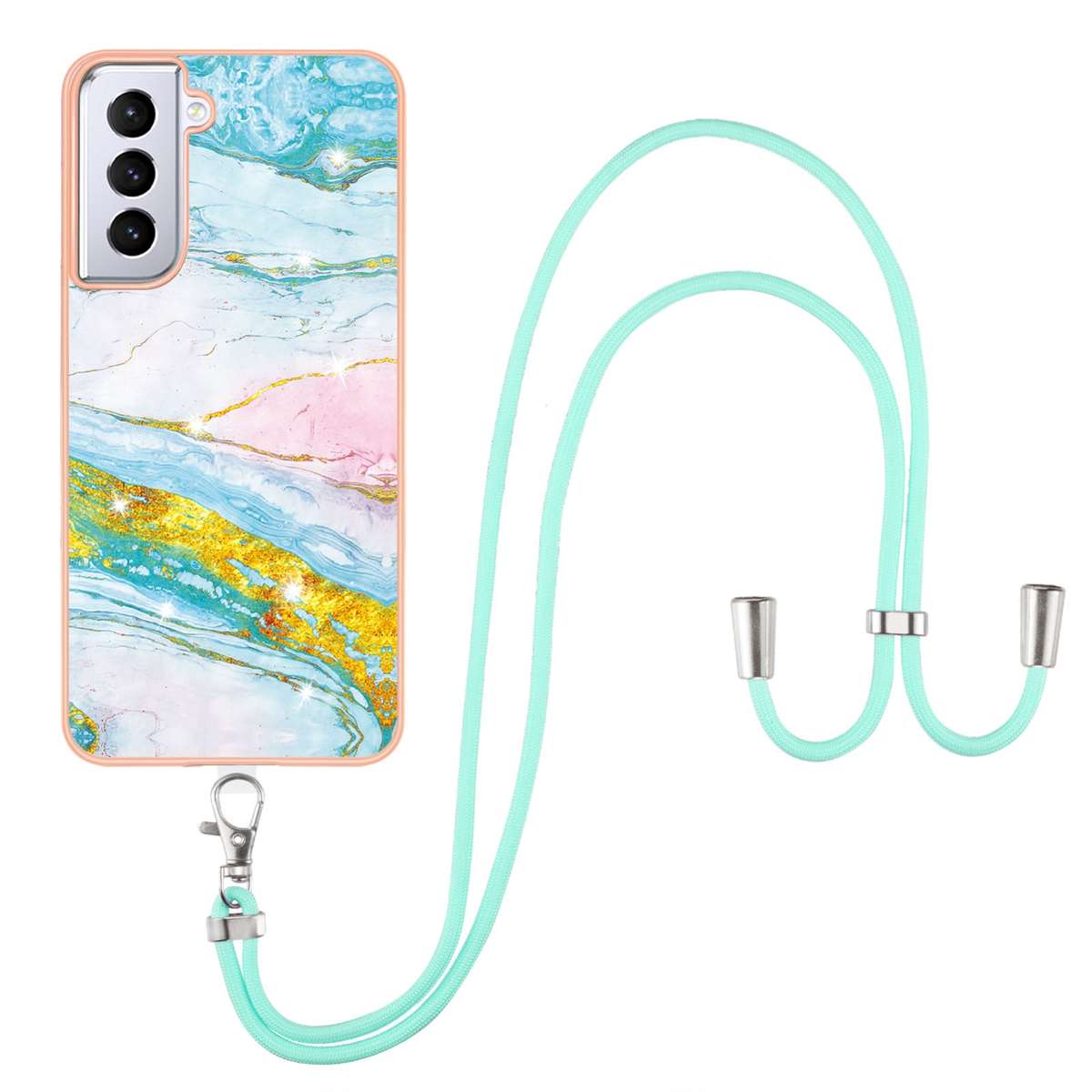 For Samsung Galaxy S21 5G Electroplating Marble Pattern IMD TPU Shockproof Case with Neck Lanyard(Ro