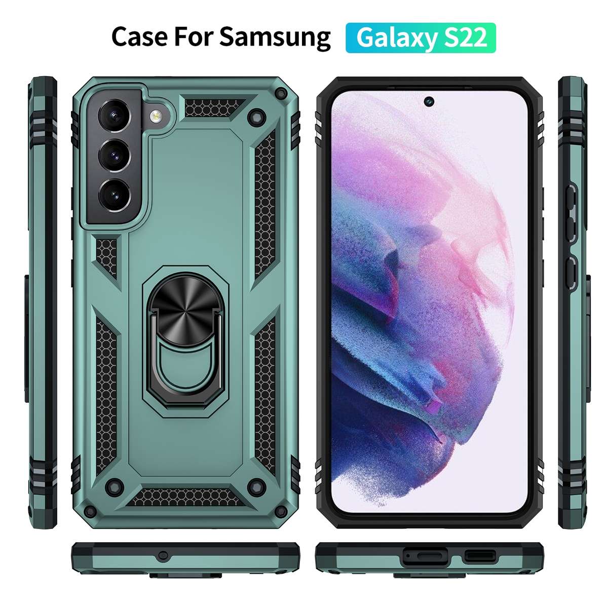For Samaung Galaxy S22 5G Shockproof TPU + PC Protective Case with 360 Degree Rot ... (Dark Green)