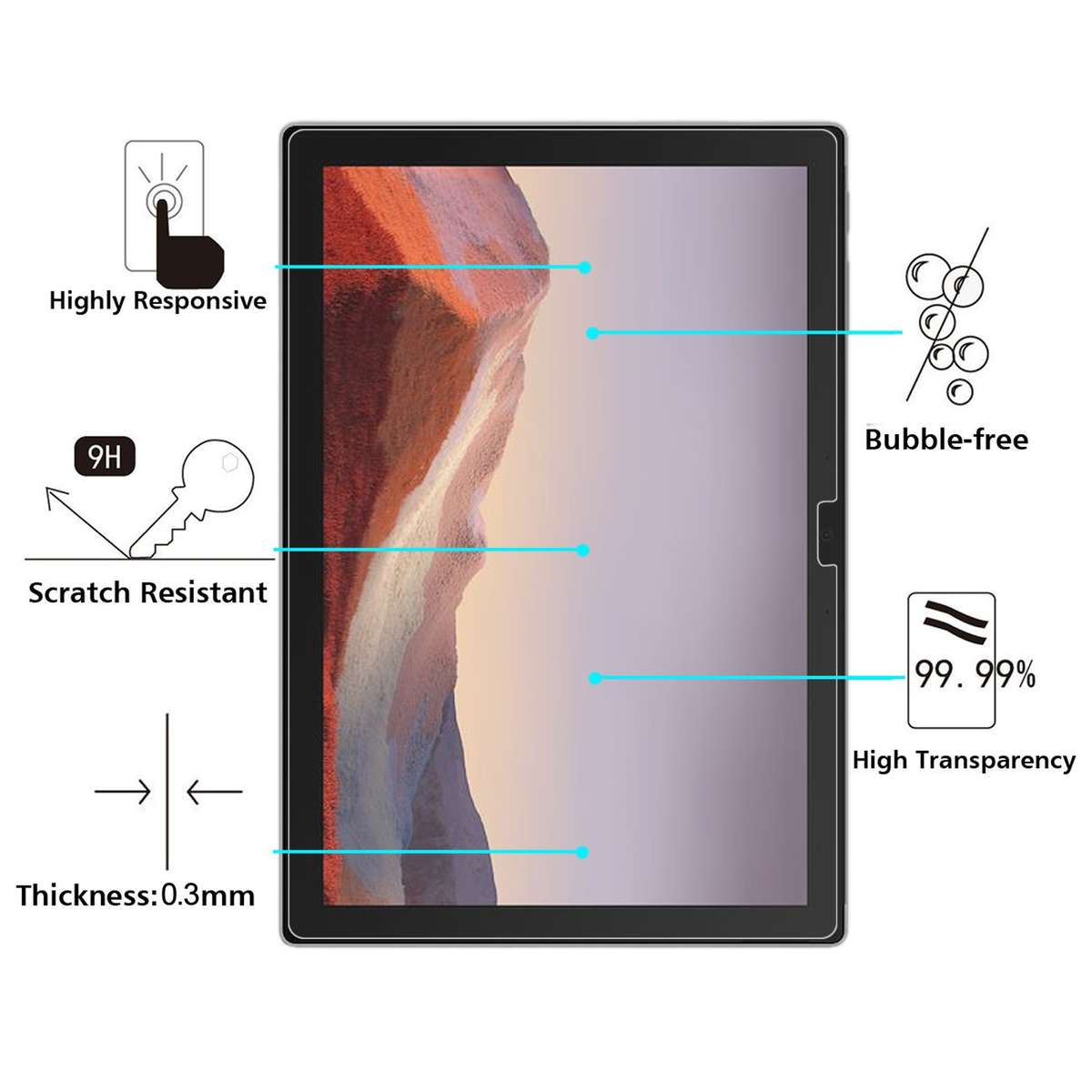 2 PCS 9H 2.5D Explosion-proof Tempered Tablet Glass Film For MicroSoft Surface Pro 7+