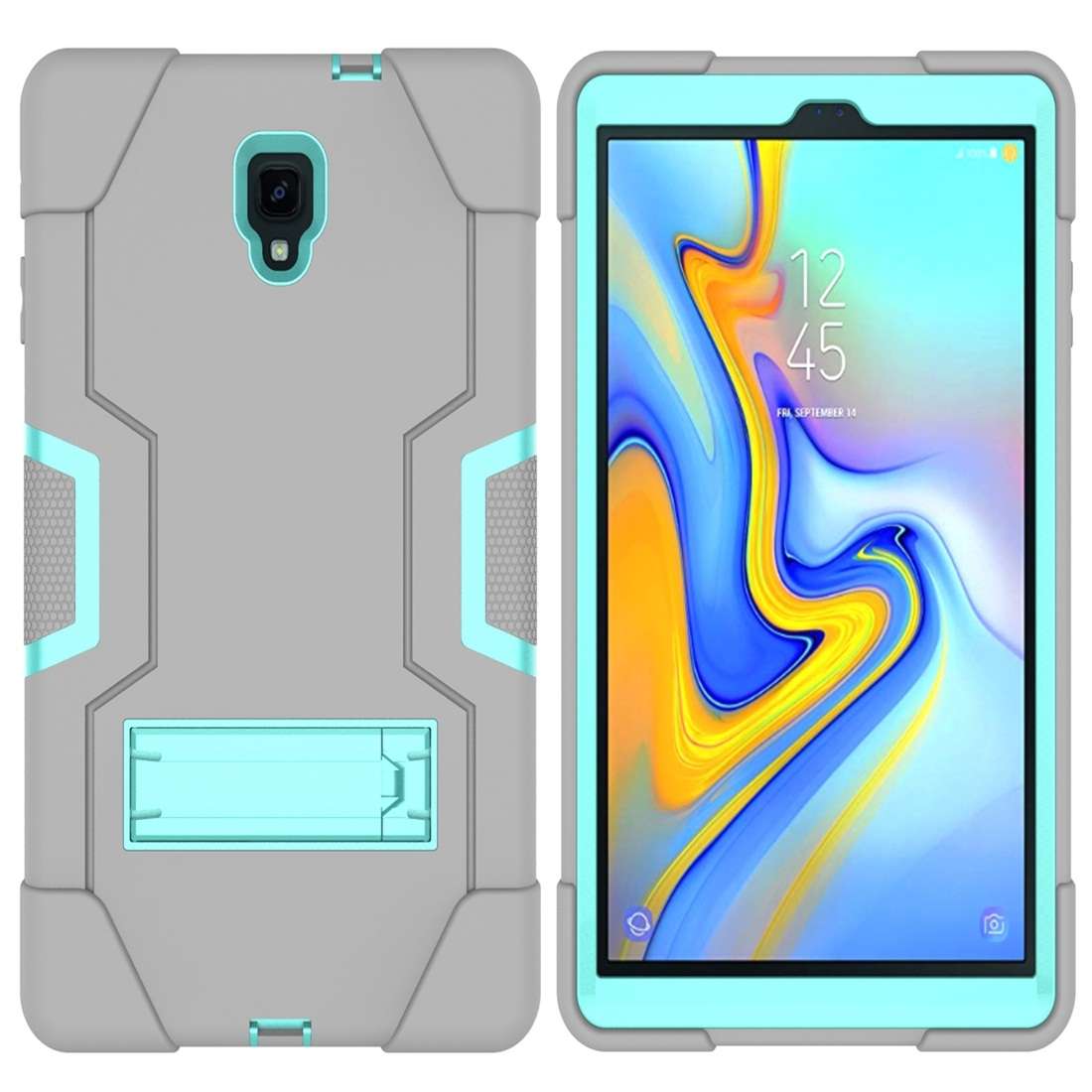 For Galaxy Tab A 10.5 T590 Contrast Color Silicone + PC Combination Case with Holder(Grey + Aqua)